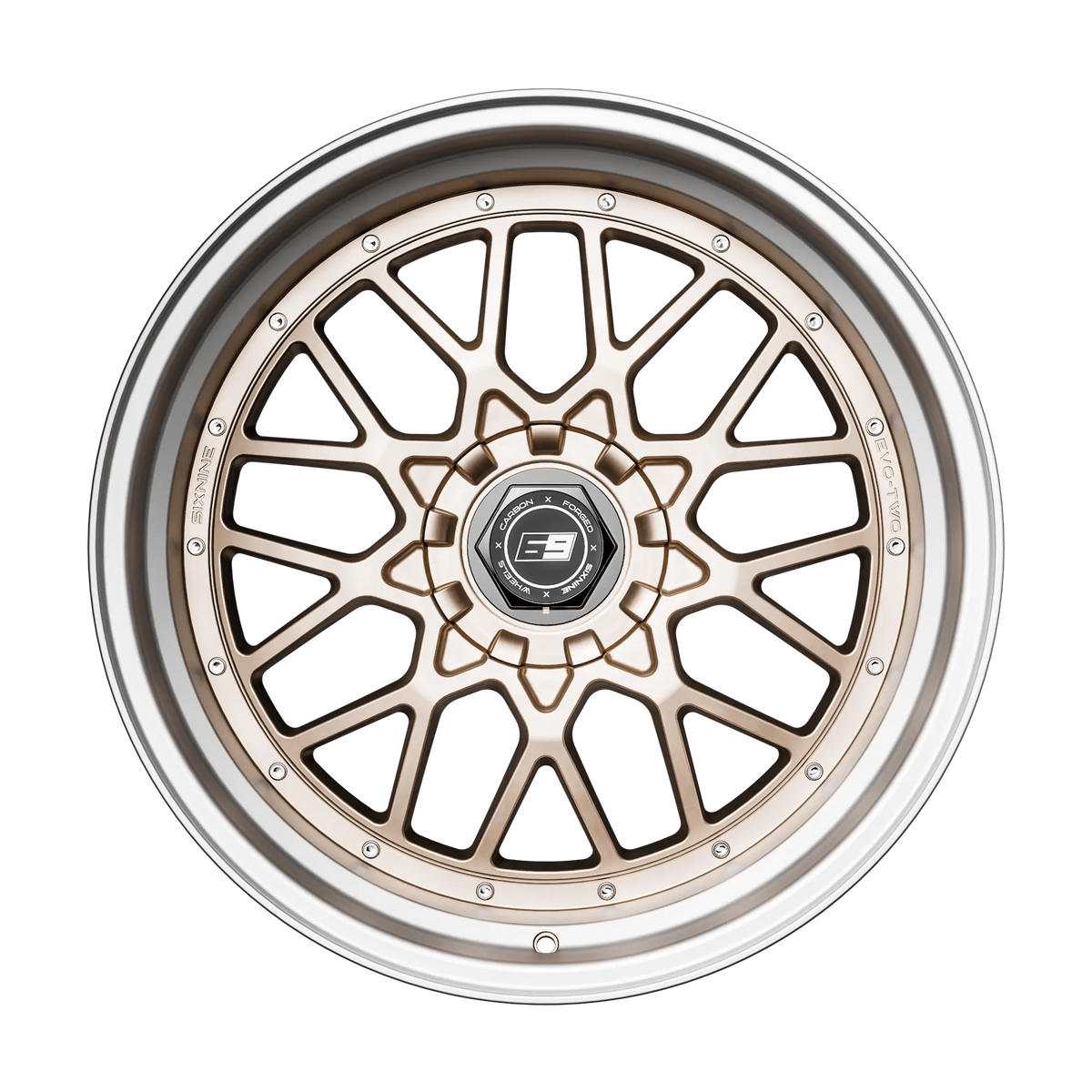 SIXNINE EVO-TWO Felgensatz – 4 Felgen 2× 10,5x20 ET15 VA, 2× 11,5x21 ET17 HA, ChampagneGold passend für BMW M2 G87 – Vorderachse 10,5x20 Frontansicht