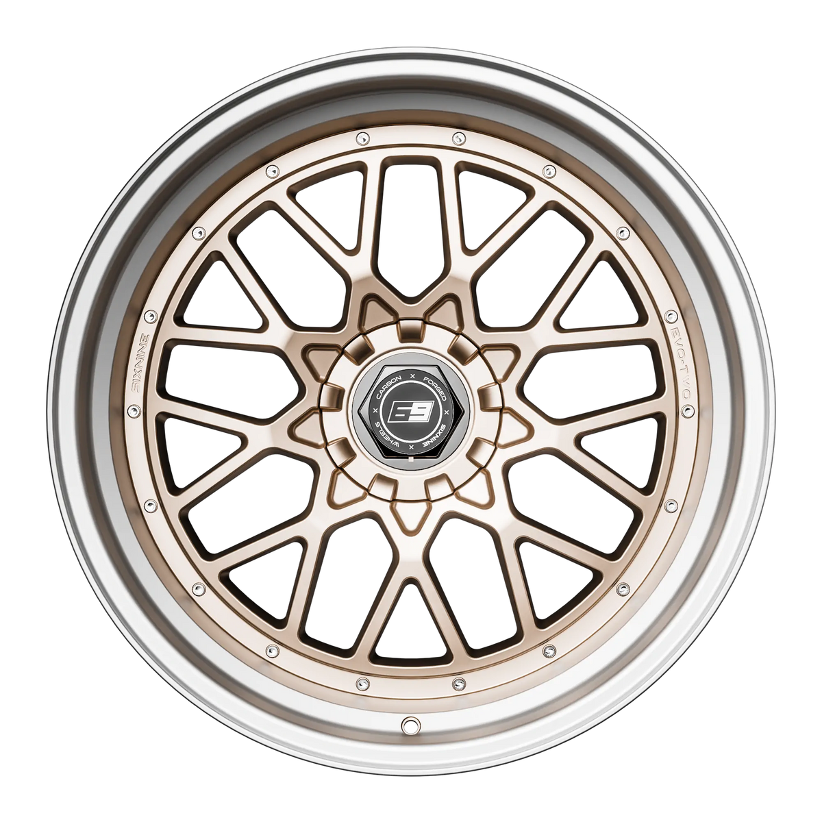 SIXNINE EVO-TWO Felgensatz – 4 Felgen 2× 10,5x20 ET15 VA, 2× 11,5x21 ET17 HA, ChampagneGold passend für BMW M2 G87 – Hinterachse 11,5x21 Frontansicht