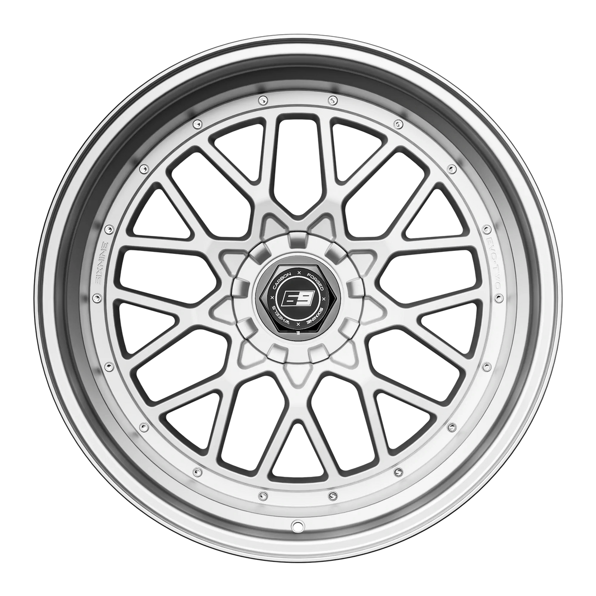 SIXNINE EVO-TWO Felgensatz – 4 Felgen 2× 10,5x20 ET15 VA, 2× 11,5x21 ET17 HA, HyperSilver passend für BMW M2 G87 – Hinterachse 11,5x21 Frontansicht